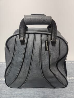 Vintage Brunswick Single Bowling Ball Bag Black Gray Vinyl Carry Case w/rack